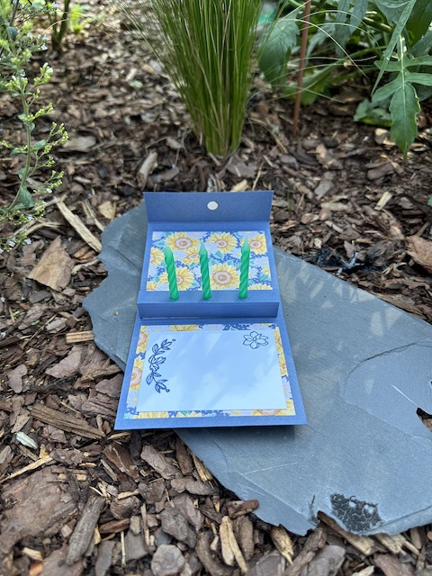 Zu sehen ist ein kleines gebasteltes Geburtstagsgeschenk. Öffnet man das kleine Heftchen dann sieht man drei Geburtstagskerzen, wie sie auch auf Kuchen platziert werden. In dem kleinen Heft ist Platz für Glückwünsche und Grüße. DIY Projekt zum Geburtstag mit Material von Stampin Up