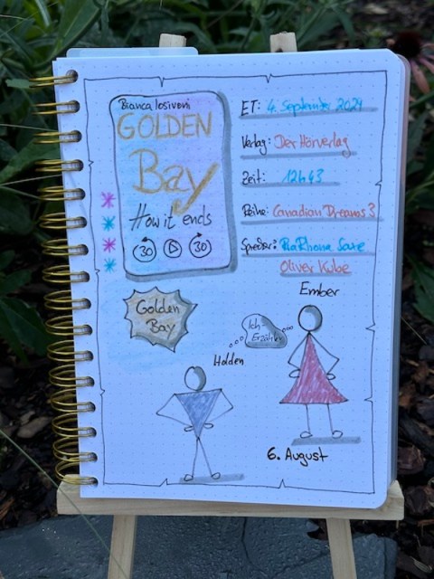 Zu sehen ist das Lesetagebuch mit Sketchnotes zur Rezension vom Hörbuch: Golden Bay How it end von Bianca Iosivoni erschienen im Der Hörverlag, gelesen von Pia-Rhona Saxe und Oliver Kube