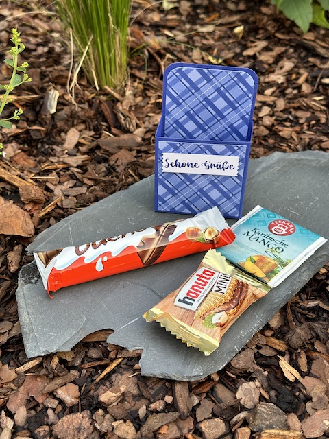 Zu sehen ist eine kleine Verpackung aus Material von Stampin Up. Das kleine MItbringsel kann mit Süßigkeiten und Teebeutel gefüllt werden. Exemplarisch sind auf dem Foto Hanuta, Bueno und Tee zu sehen, um ein größen Verhältnis für die Verpackung zu bekommen.