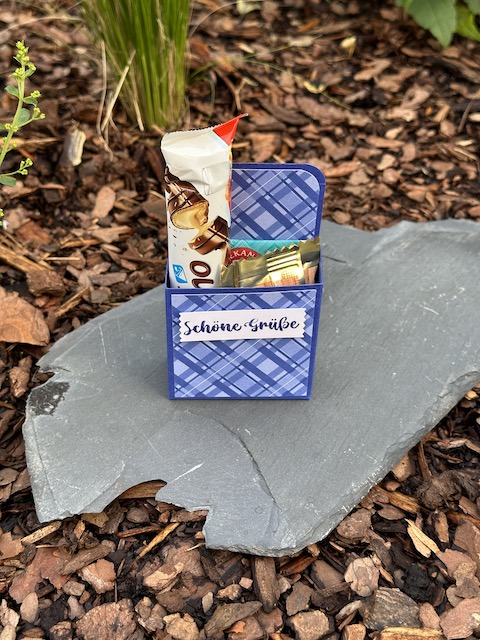 Zu sehen ist eine kleine Verpackung aus Material von Stampin Up. Das kleine MItbringsel kann mit Süßigkeiten und Teebeutel gefüllt werden. Exemplarisch sind auf dem Foto Hanuta, Bueno und Tee zu sehen, um ein größen Verhältnis für die Verpackung zu bekommen.
