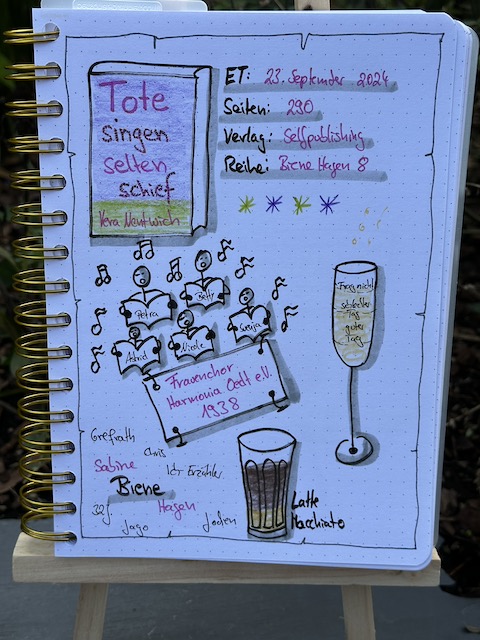 Zu sehen ist das Lesetagebuch mit Sketchnotes zur Rezension vom Buch: Tote singen selten schief von Vera Nentwich Gezeichnet sind unter anderem ein Glas Latte Macchiato, ein Glas Sekt und ein singender Chor aus Strichmännchen.