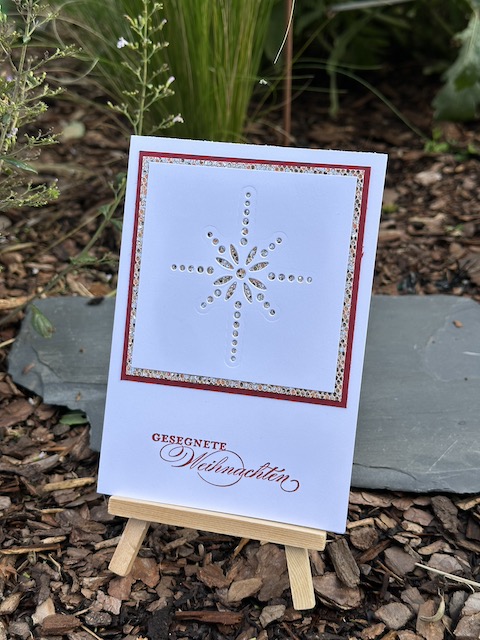 Zu sehen ist eine Weihnachtskarte gebastelt mit Material von Stampin Up. Ein weißes Quadrat ist sternförmig gelocht. Durch die einzelnen Löcher des Sterns funkelt das Gold vom Hintergrund hindurch. Darunter steht der Spruch "Gesegnete Weihnachten"