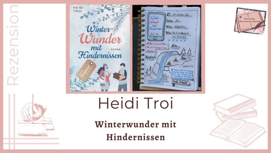 Zu sehen ist das Cover und das Lesetagebuch mit Sketchnotes zur Rezension vom Liebesroman: Winterwunder mit Hindernissen von Heidi Troi. Gezeichnet ist ein Wasserfall in den Bergen und kleine Schneekugel Pyramiden mit Kerzen drin.