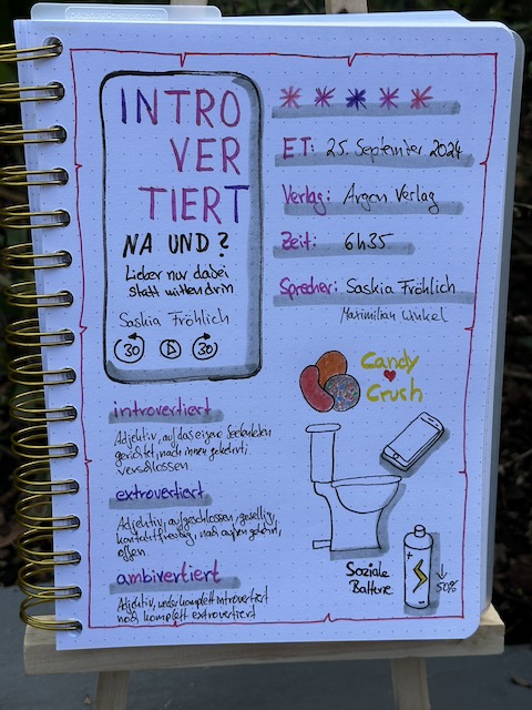 Zu sehen ist das Lesetagebuch mit Sketchnotes zur Rezension vom Hörbuch: Introvertiert, na und? Lieber nur dabei statt mittendrin von Saskia Fröhlich erschienen im Argon Verlag und gelesen von Saskia Fröhlich und Maximilian Winkel