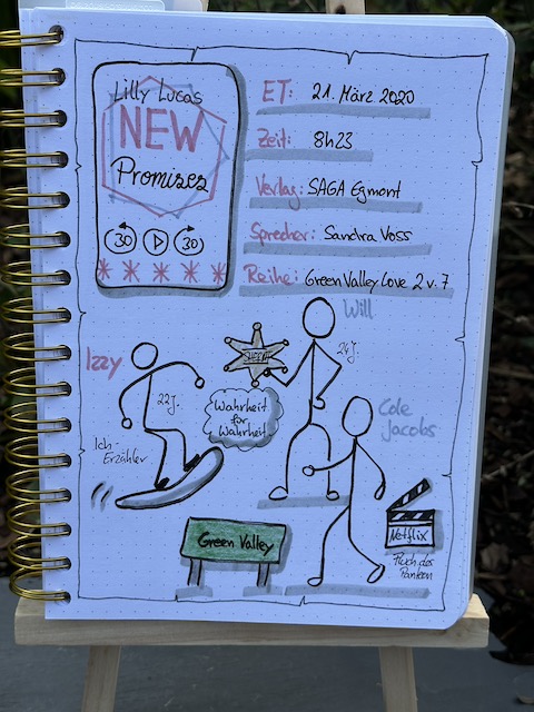 Zu sehen ist das Lesetagebuch mit Sketchnotes zur Rezension vom Hörbuch: New Promises von Lilly Lucas. Das Hörbuch erschien bei Saga Egmont und wurde von Sandra Voss eingelesen. Es ist der zweite Band der Green Valley Love Reihe