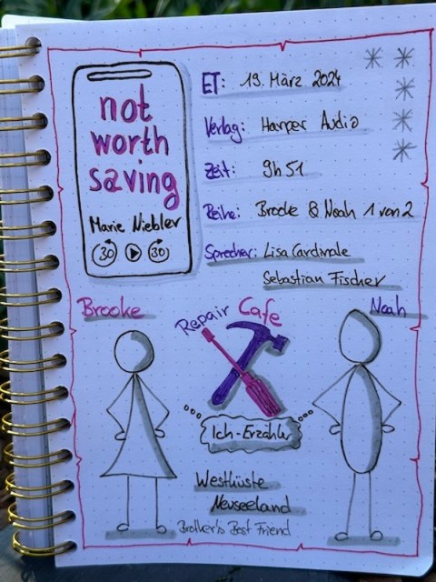 Zu sehen ist das Lesetagebuch zur Rezension vom Hörbuch: Not worth saving von Marie Niebler erschienen bei Harper Audio, eingelesen von Lisa Cardinale und Sebastian Fischer. Gezeichnet sind zwei Strichmännchen, ein Hammer und ein Schraubendreher