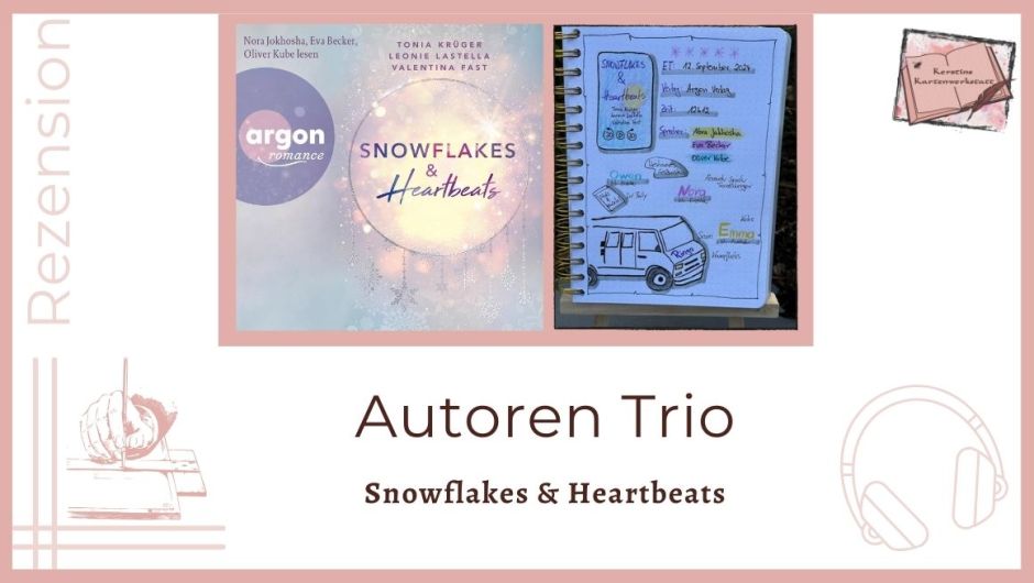 Zu sehen ist das Cover und das Lesetagebuch mit Sketchnotes vom Hörbuch: Snowflakes und Heartbeats von Tonia Krüger, Leonie Lastella und Valentina Fast erschienen im Argon Verlag. Gelesen wird das Hörbuch von Nora Jokhosha, Eva Becker und Oliver Kube