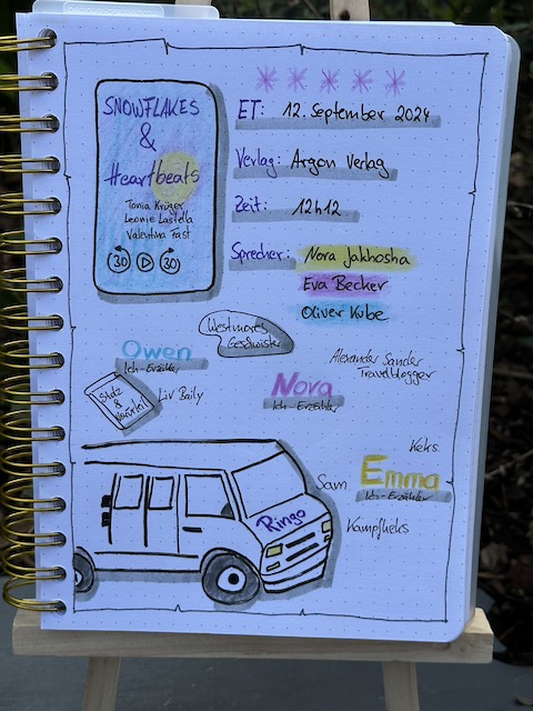 Zu sehen ist das Lesetagebuch mit Sketchnotes vom Hörbuch: Snowflakes und Heartbeats von Tonia Krüger, Leonie Lastella und Valentina Fast erschienen im Argon Verlag. Gelesen wird das Hörbuch von Nora Jokhosha, Eva Becker und Oliver Kube Gezeichnet ist unter anderem ein Van