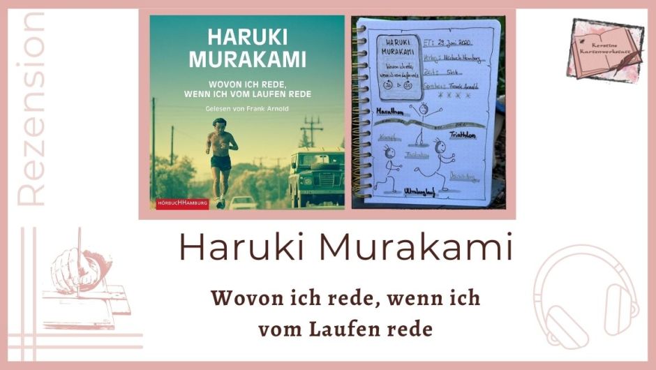 Zu sehen ist das Cover und Lesetagebuch zur Rezension vom Hörbuch: Wovon ich rede wenn ich vom Laufen Rede von Haruki Murakami. Erschienen im Hörbuch Hamburg Verlag und eingelesen von Frank Arnold. Gezeichnet sind unter anderem laufenen Strichmännchen inklusive Lauf durch ein Ziel Banner beim Marathon