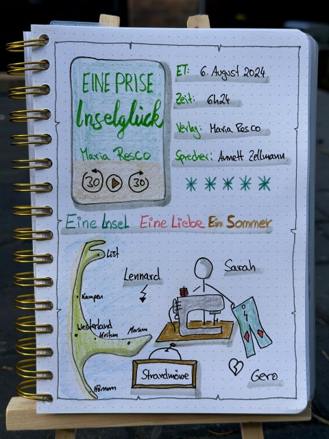 Zu sehen ist das Lesetagebuch mit Sketchnotes zur Rezension vom Hörbuch: Eine Prise Inselglück von Maria Resco gelesen von Annett Zellmann