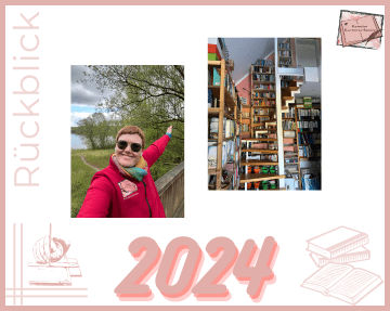 Beitragsbild zum Jahresrückblick 2024. Zu sehen ist das Bücherregal von Kerstin in Damme und ein Foto von ihr am Dammer Bergsee.