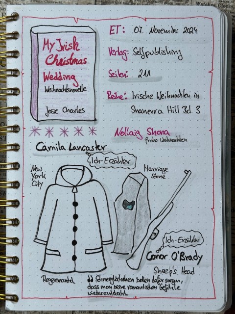 Zu sehen ist das Lesetagebuch mit Sketchnotes zur Rezension vom Weihnachts-Liebesroman: My Irish Christmas wedding von Josie Charles Gezeichnet ist unter anderem ein Regenmantel und ein Gewehr