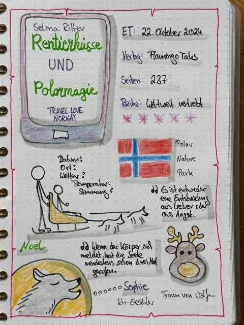 Zu sehen ist die Seite von Kerstins Lesetagebuch zur Rezension vom Liebesroman: Rentierküsse und Polarmagie von Selina Ritter erschienen im Flamingo Tales Verlag