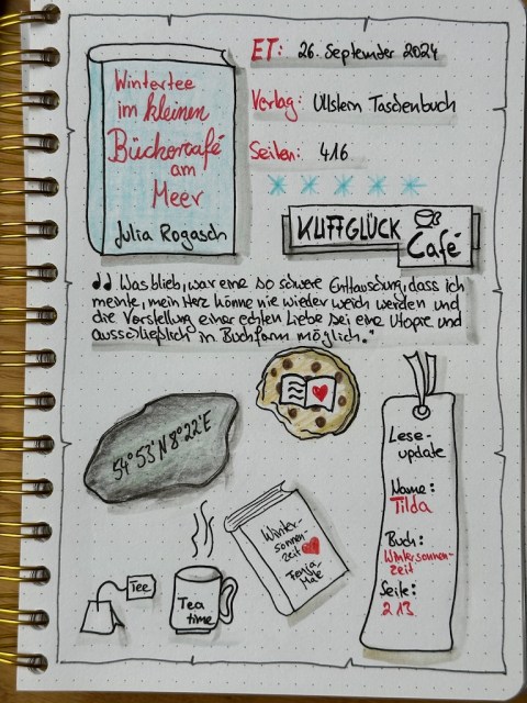 Zu sehen ist Kerstins Lesetagebuch Seite mit Sektchnotes zur Rezension vom Liebesroman: Wintertee im kleinen Büchercafe am Meer von Julia Rogasch erschienen im Ullstein Verlag