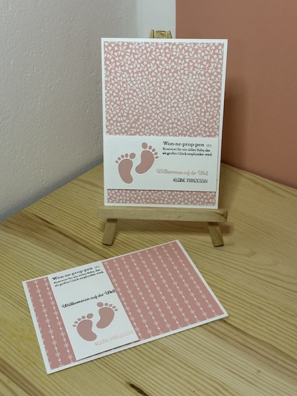 Zu sehen ist eine selbst gebastelte Babykarte in Rosa. Auf einem rosa Hintergrund ist ein weißer Streifen geklebt, aus dem ein Paar Babyfüße ausgestanzt ist, so dass man den rosa Hintergrund sehen kann. Als Spruch steht auf der Karte: Willkommen auf der Welt kleine Prinzessin.