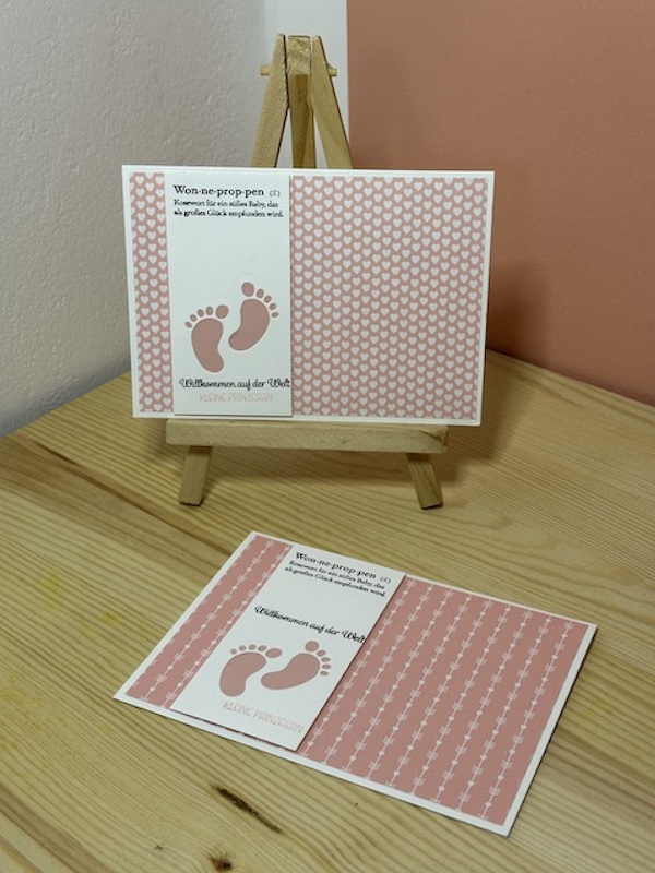Zu sehen ist eine selbst gebastelte Babykarte in Rosa. Auf einem rosa Hintergrund ist ein weißer Streifen geklebt, aus dem ein Paar Babyfüße ausgestanzt ist, so dass man den rosa Hintergrund sehen kann. Als Spruch steht auf der Karte: Willkommen auf der Welt kleine Prinzessin.