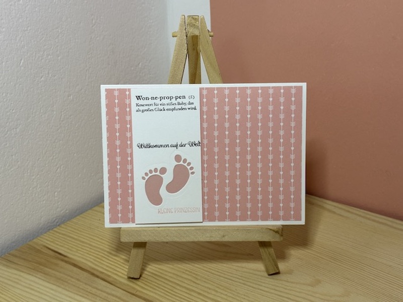Zu sehen ist eine selbst gebastelte Babykarte in Rosa. Auf einem rosa Hintergrund ist ein weißer Streifen geklebt, aus dem ein Paar Babyfüße ausgestanzt ist, so dass man den rosa Hintergrund sehen kann. Als Spruch steht auf der Karte: Willkommen auf der Welt kleine Prinzessin.