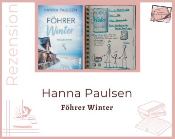 Zu sehen ist das Cover und das Lesetagebuch mit Sketchnotes zur Rezension vom Inselroman: Föhrer Winter von Hanna Paulsen erschienen im Kampenwand Verlag Gezeichnet sind im Lesetagebuch eine Strichmännchen Familie mit Vater, Mutter, Kind und Kinderwagen mit Baby
