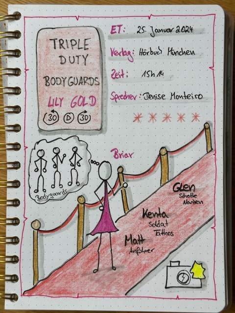 Zu sehen ist Kerstins Lesetagebuchseite mit Sketchnotes zur Rezension von Triple Duty Bodyguards von Lily Gold. Erschienen bei rb Media und eingelesen von Denise Monteiro für Hörbuch München