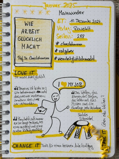 Zu sehen ist das Lesetagebuch mit Sketchnotes zur Rezension vom Ratgeber: Wie Arbeit Glücklich Macht und wann man darüber nachdenken sollte, den Job zu wechseln von Prof. Dr. Class Lahmann erschienen im Rowohlt Verlag