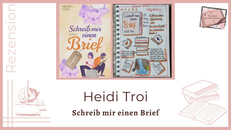 Zu sehen ist das Cover und die Seite vom Lesetagebuch mit Sketchnotes zur Rezension vom Liebesroman: Schreib mir einen Brief von Heidi Troi. Gezeichnet ist unter anderem ein Wasserfall und ein paar Briefumschläge