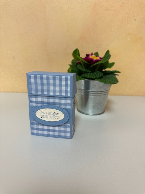 Zu sehen ist eine kleine selbstgebastelte Box in blau. Man kann die Banderole abziehen und dann die Box an der oberen Klappe aufmachen und durch aufrollen ganz öffnen. Im Inneren ist Platz für Genesungswünsche einen Teebeutel und Taschentücher und ein Hustenbonbon passt auch noch rein. 