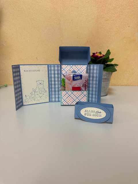 Zu sehen ist eine kleine selbstgebastelte Box in blau. Man kann die Banderole abziehen und dann die Box an der oberen Klappe aufmachen und durch aufrollen ganz öffnen. Im Inneren ist Platz für Genesungswünsche einen Teebeutel und Taschentücher und ein Hustenbonbon passt auch noch rein.