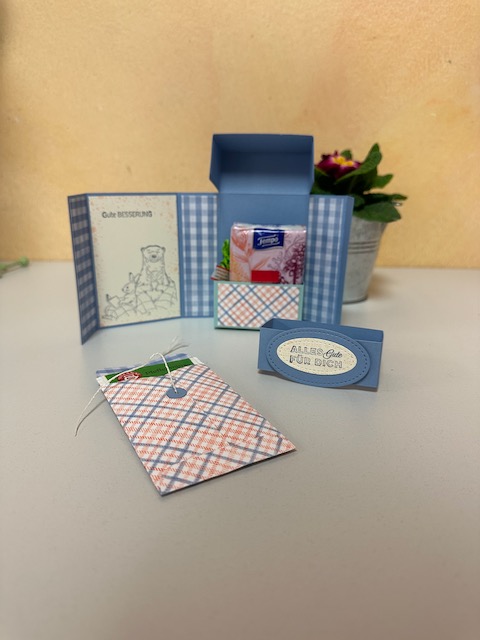 Zu sehen ist eine kleine selbstgebastelte Box in blau. Man kann die Banderole abziehen und dann die Box an der oberen Klappe aufmachen und durch aufrollen ganz öffnen. Im Inneren ist Platz für Genesungswünsche einen Teebeutel und Taschentücher und ein Hustenbonbon passt auch noch rein. 