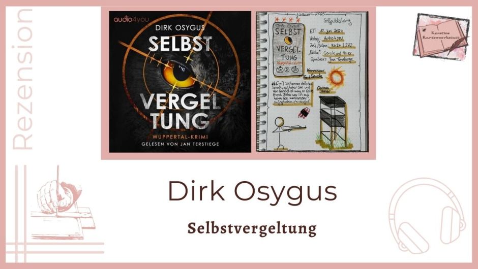 Zu sehen ist das Cover und das Lesetagebuch mit Sektchnotes vom Hörbuch: Selbstvergeltung von Dirk Osygus. Das Hörbuch wurde von Jan Terstiege bei Audio4You eingelesen. Gezeichnet ist ein Hochsitz, ein Strichmännchen mit Gewehr im Anschlag und ein Feuerball