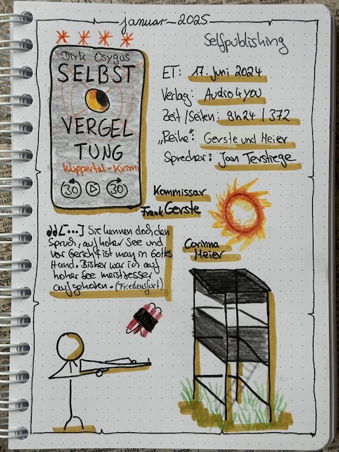 Zu sehen ist das Lesetagebuch mit Sektchnotes vom Hörbuch: Selbstvergeltung von Dirk Osygus. Das Hörbuch wurde von Jan Terstiege bei Audio4You eingelesen. 
Gezeichnet ist ein Hochsitz, ein Strichmännchen mit Gewehr im Anschlag und ein Feuerball