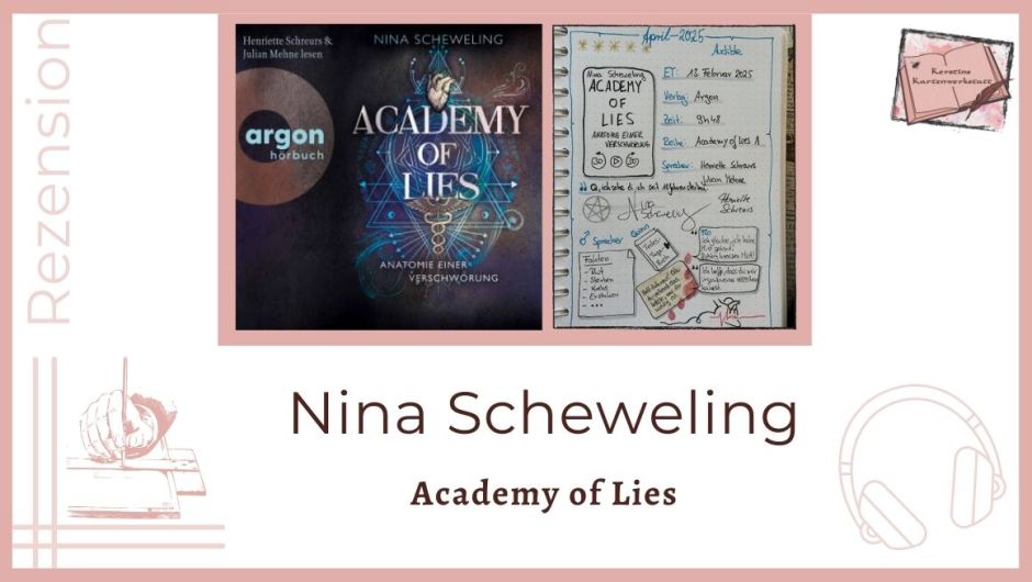 Beitragsbild zur Rezension vom Young Adult Medizinthriller: Academy of Lies Anatomie einer Verschwörung von Nina Scheweling erschienen im Loewe Verlag und als Hörbuch eingesprochen von Henriette Schreurs und Julian Mehne für den Argon Verlag. Zu sehen ist das Cover vom Hörbuch und die Lesetagebuchseite mit Sketchnotes inklusiver Autogrammen von der Autorin und der Hörbuchsprecherin