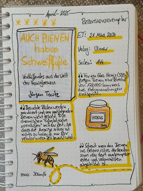 Zu sehen ist das Lesetagebuch mit Sketchnotes zur Rezension vom Sachbuch: Auch Bienen haben Schweißfüße von Jürgen Tautz