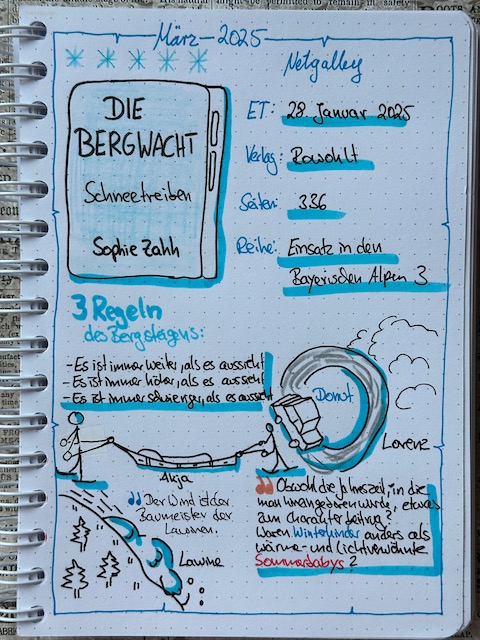 Zu sehen ist das Lesetagebuch mit Sketchnotes zur Rezension vom Roman: Die Bergwacht Schneetreiben von Sophie Zach erschienen im Rowohlt Verlag