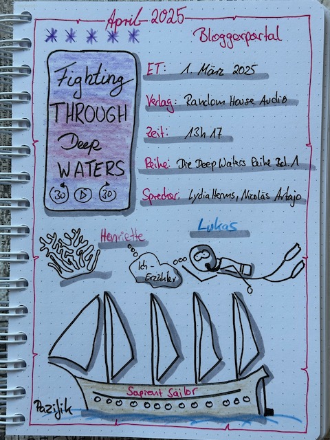 Zu sehen ist das  Lesetagebuch mit Sketchnotes zur Rezension vom Hörbuch: Fighting through Deep Waters von Julia Hausburg. Erschienen bei Random House Audio und eingesprochen von Lydia Herms und Nicolás Artajo
Gezeichnet ist unter anderem ein Viermast Segelboot