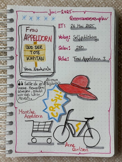 Zu sehen ist das Lesetagebuch mit Sketchnotes zur Rezension vom Kriminalroman: Frau Appeldorn und der tote Kapitän von Vera Nentwich