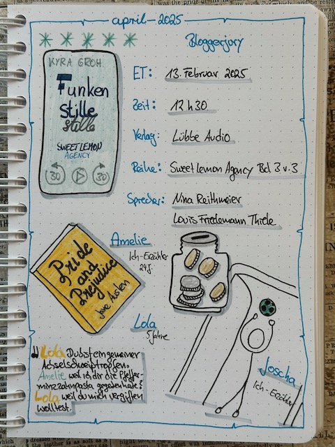 Zu sehen ist das Lesetagebuch mit Sketchnotes zur Rezension vom Liebesroman: Funkenstille von Kyra Groh erschienen im Lübbe Audio Verlag und eingelesen von Nina Reithmeier, Louis Friedemann Thiele. Es ist Band drei der Sweet Lemon Agency Reihe
