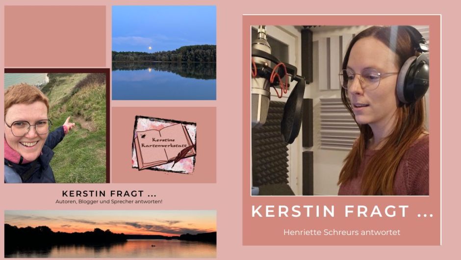 Beitragsbild mit einem Foto der Sprecherin Henriette Schreurs im Tonstudio und einem Bild von Kerstin