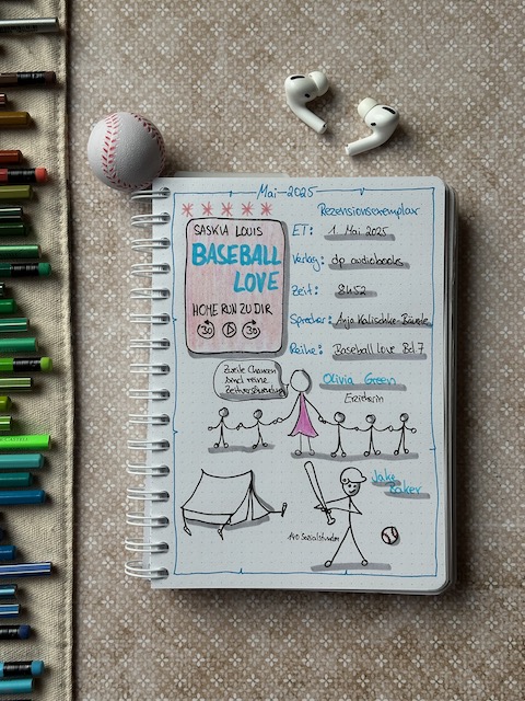 Zu sehen ist das Lesetagebuch mit Sketchnotes zur Rezension vom Hörbuch: Baseball Love Home Run zu dir von Saskia Louis erschienen bei dp Digital Publishers und eingelesen von Anja Kalischke-Bäuerle