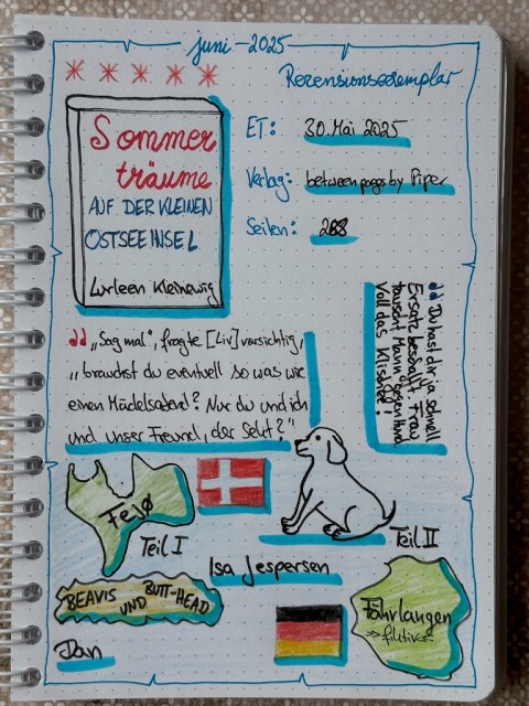 Zu sehen ist das Lesetagebuch mit Sketchnotes zur Rezension vom Familienroman: Sommerträume auf der kleinen Ostseeinsel von Lurleen Kleinewig erschienen im Piper Verlag