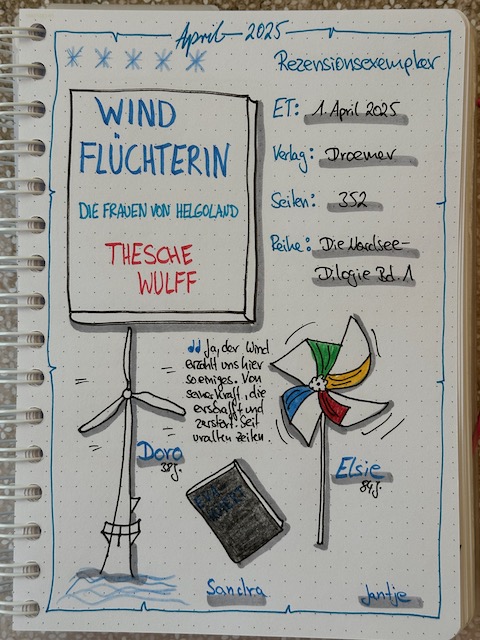 Zu sehen ist das Lesetagebuch mit Sketchnotes zur Rezension vom Roman: Die Frauen von Helgoland von Thesche Wulff erschienen im Droemer Verlag
