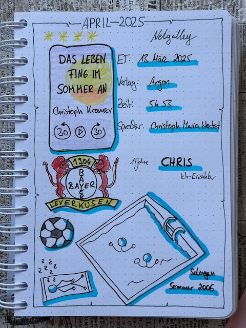 Zu sehen ist das Lesetagebuch mit Sketchnotes zur Rezension vom Hörbuch: Das Leben fing im Sommer an von Christoph Kramer. Erschienen im Argon Verlag und eingelesen von Christoph Maria Herbst