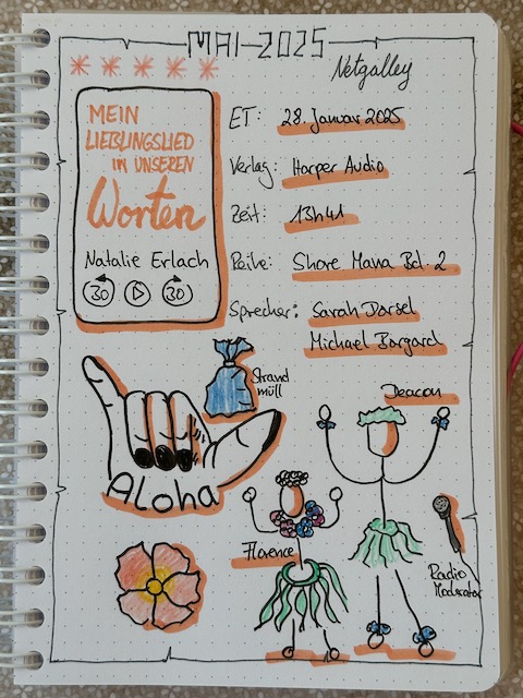 Zu sehen ist das Lesetagebuch mit Sketchnotes zur Rezension vom Hörbuch: Mein Lieblingslied in unseren Worten von Natalie Erlach erschienen im Reverie Verlag bei Harper Collins und eingesprochen von Sarah Dorsel, Michael Borgard