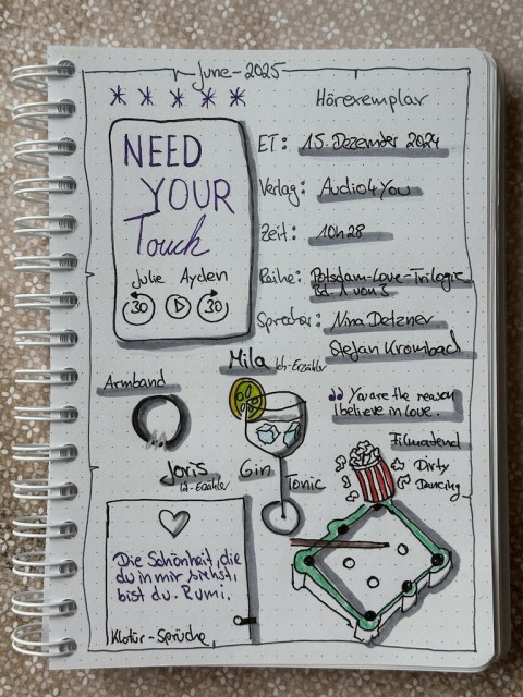 Zu sehen ist das Lesetagebuch mit Sketchnotes zur Rezension vom Hörbuch: Need your touch von Julie Ayden erschienen bei audio4you und eingelesen von Nina Detzner und Stefan Krombach