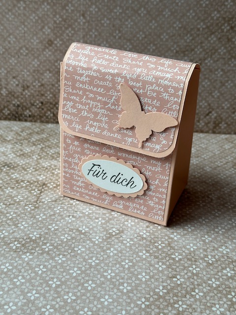 Handgemachter kleiner Rucksack, der an einen Schulranzen erinnert. Die Tasche ist mit einem Designpapier mit Schriftzügen verziert und als Accessoirs ein Schmetterling auf der Klappe drapiert. Ergänzt wird das ganze mit dem Spruch: Für dich und so ist dieser kleine Schulranzen nicht nur ein Geschenk zur Einschulung, sondern auch ein ganz persönliches Geschenk zu jeglichem Anlass