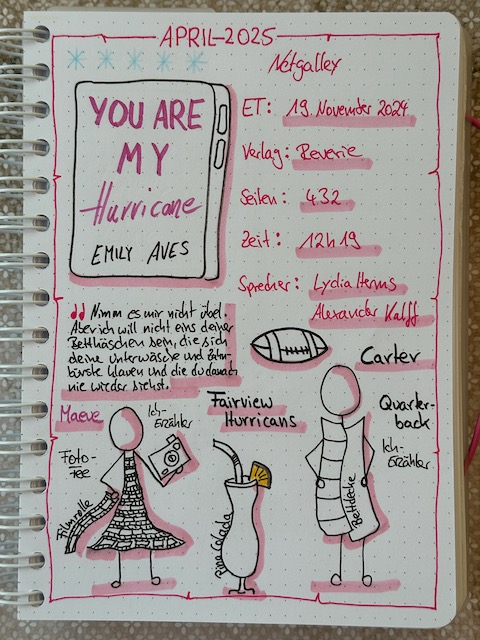 Zu sehen ist das Lesetagebuch mit Sketchnotes zur Rezension vom Liebesroman: You are my hurricane von Emily Aves erschienen bei Harper Collins