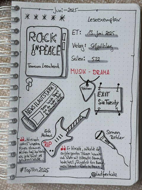 Zu sehen ist das Lesetagebuch mit Sketchnotes zur Rezension vom Musikdrama: Rock in Peace von Tamara Leonhard