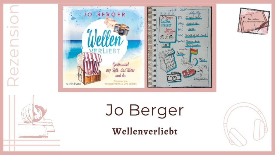 Zu sehen ist das Cover und das Lesetagebuch mit Sketchnotes zur Rezension vom Hörbuch: Wellenverliebt von Jo Berger erschienen im audio4you Verlag und eingelesen von Vanessa Harm und Dirk Jacobs