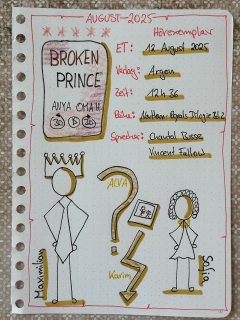 Zu sehen ist das Lesetagebuch mit Sketchnotes zur Rezension vom Hörbuch: Broken Prince von Anya Omah erschienen im Argon Verlag und eingelesen von Chantal Busse und Vincent Fallow