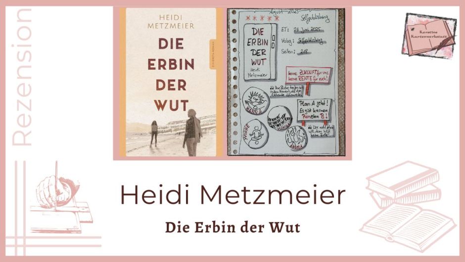Zu sehen ist das Cover und das Lesetagebuch mit Sketchnotes zur Rezension vom Roman: Die Erbin der Wut von Heidi Metzmeier