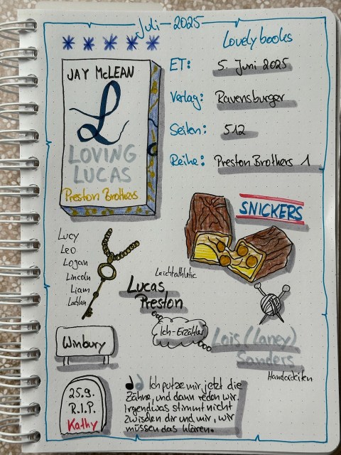 Zu sehen ist das Lesetagebuch mit Sketchnotes zur Rezension vom Roman: Loving Lucas von Jay McLean erschienen im Ravensburger Verlag